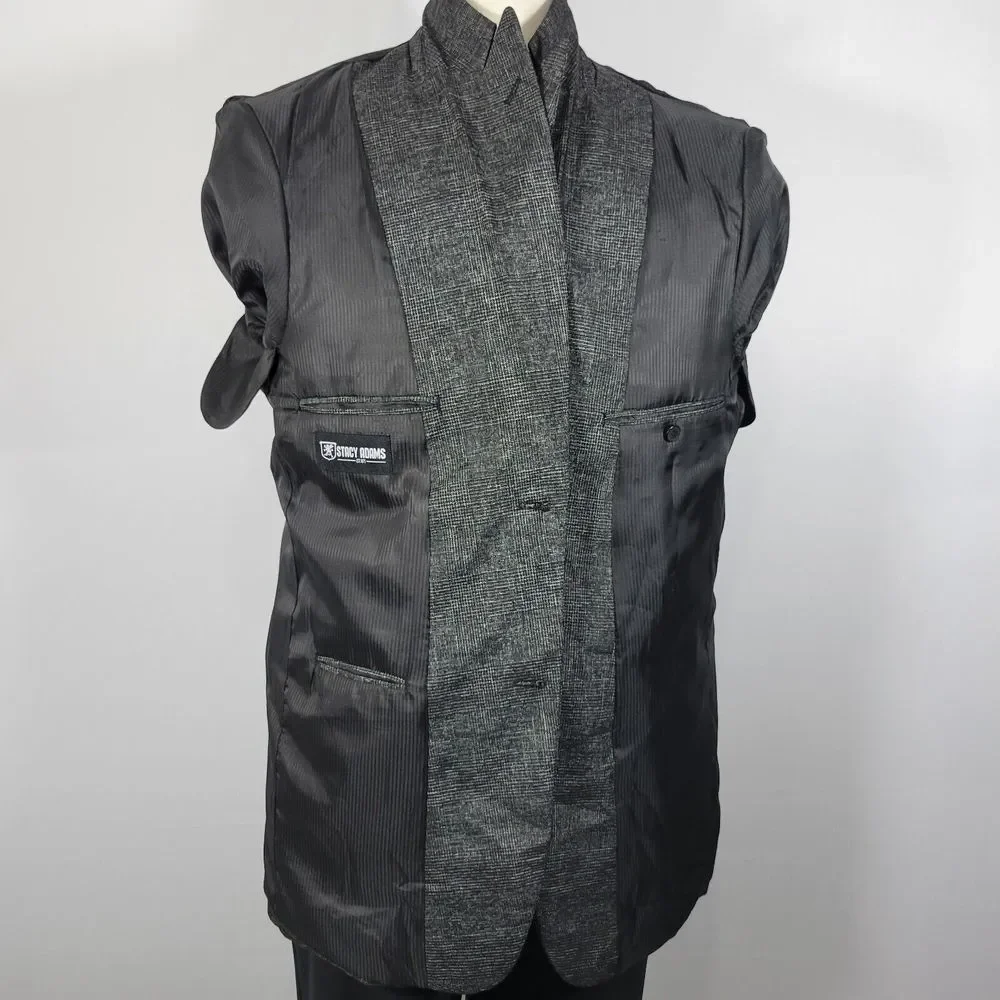 Stacy Adams Men's Sport Coat Blazer Two Button Charcoal Black Gray Plaid‎ 44L